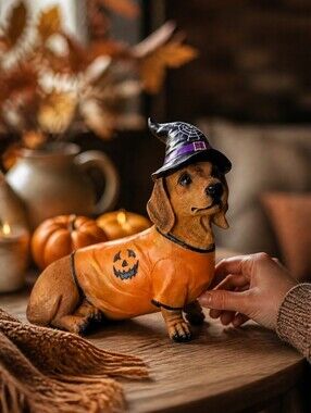 NWT Halloween Dachshund Figurine – Pumpkin Sweater & Witch Hat Décor 🧡🎃🐾